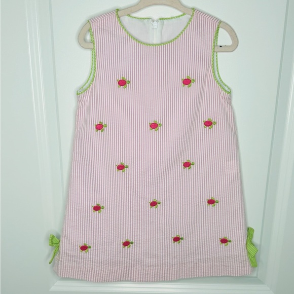 ANAVINI Hand Smocked Pink/White Seersucker Turtles Girls Dress Size 3 - Picture 1 of 5